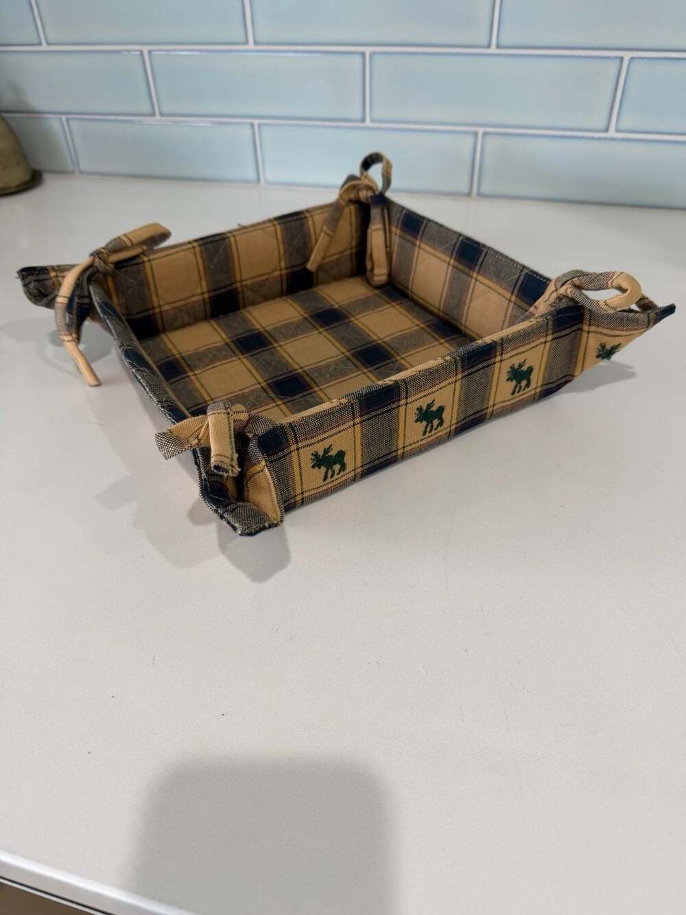 Fabric Quilted Plaid Moose Print Bread Basket with Tie Corners
